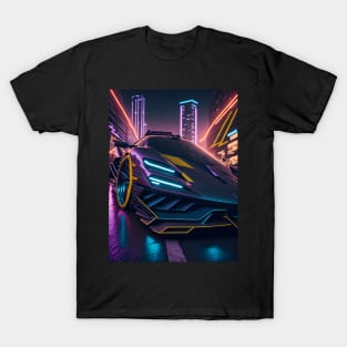 Dark Neon Sports Car in Japanese Neon City T-Shirt